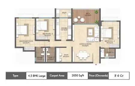 Lodha Altero 4.5 BHK + Study floor plan, 2050 sq ft carpet area