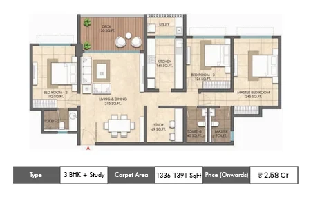 3 BHK + Study 1336 - 1391 SqFt